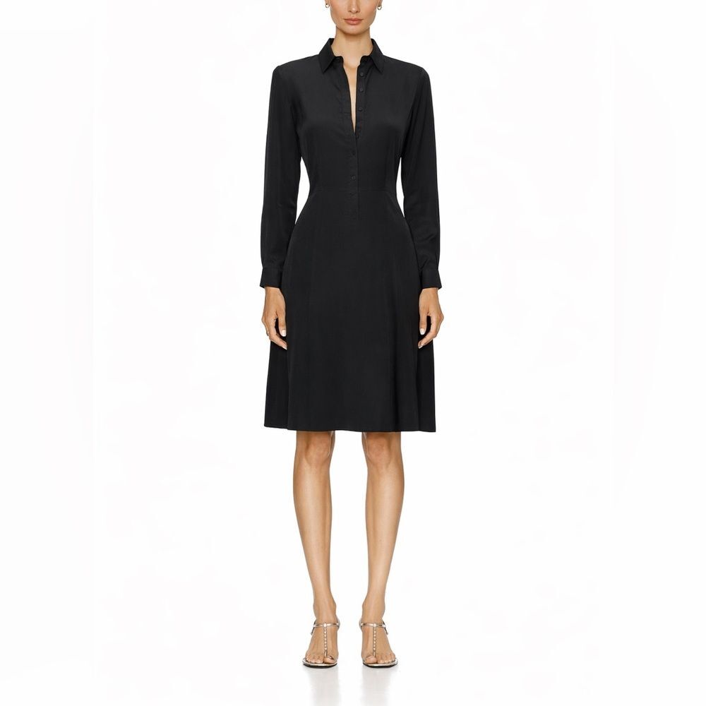 Nili Lotan Eve Shirt Dress Women's 0‎ Black Silk Button Front Midi Classic Chic